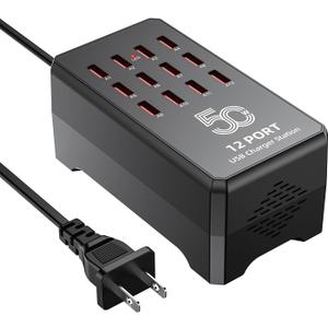 50W 12-Port USB Charging Station for Multiple Devices-Portable USB Charging Hub Compatible with iPhone, Android, Tablet, AirPods & More-Compact Charger Block for Home, Office & Entrepreneur.