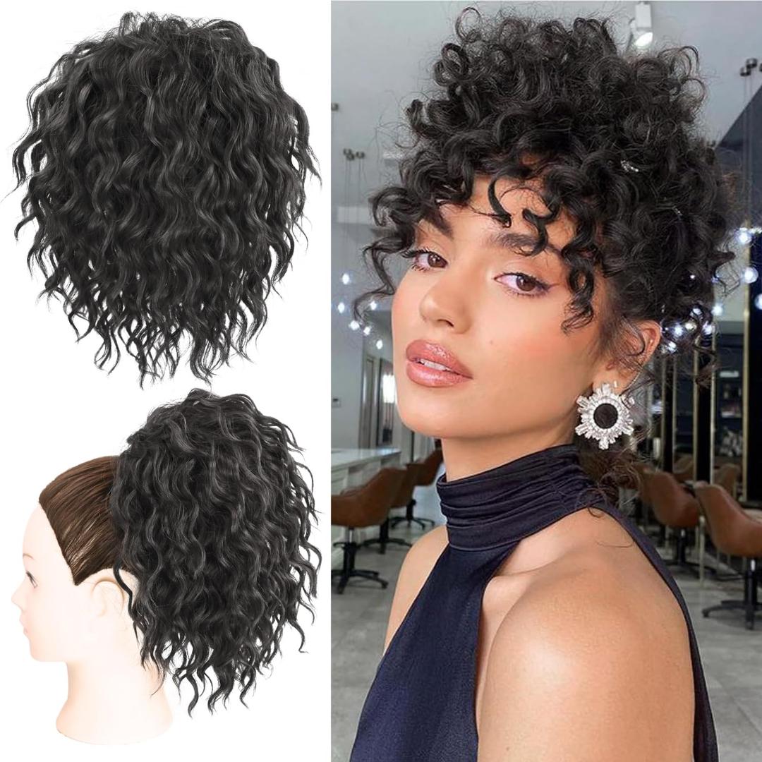 Loose Wave Curly Yaki Hair Drawstring Ponytail Extension for Women Natural Black 8inch Short Afro Curly Hair Bun Synthetic Curly Messy Bun Hair Piece for Daily Use(1B)