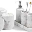 ZCCZ Beige Bathroom Accessories Set 6 Pieces - Toothbrush Holder, Lotion Dispenser, Qtip Container, Vanity Tray, Tumbler - Countertop Organizer for Bathrooms - Elegant and Functional Décor Set