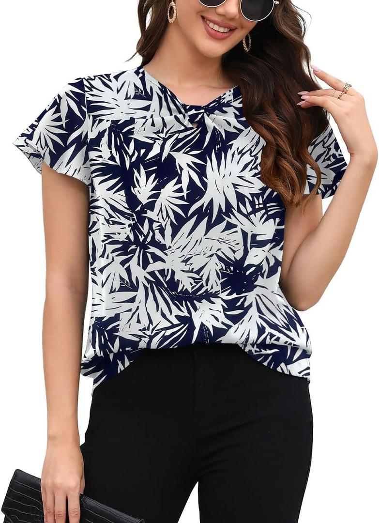 Womens Short Sleeve Chiffon Blouses Dressy Casual V Neck Bow Tie Formal Office Shirts Work Tops (XXL)