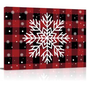 Christmas Snowflake Canvas Print Wall Art - Red and Black Checkered Buffalo Plaid - Wall Decor Modern Artwork Paintings Pictures for Living Room Stretched and Framed Ready to Hang - 16" x 24"