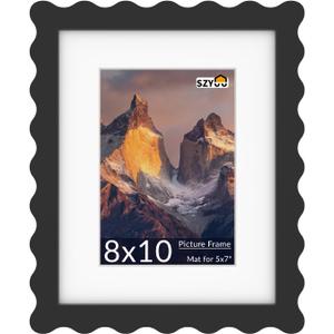 8x10 Wavy Picture Frame with Mat for 5x7, Real Glass and Wooden Frame - Tabletop or Wall Hanging Photo Frame(1 Pack, Black)