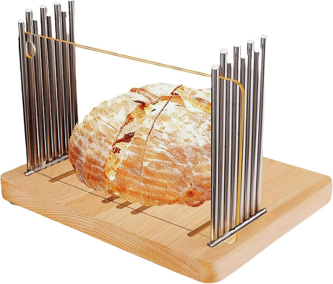 Wooden Bread Slicer for Homemade Bread, Bread Boards with Adjustable Width, Stainless Steel Slicing Guide & Beechwood Board, Foldable Bread Cutter for Bread Cake Toast Sourdough Rounds Bagels
