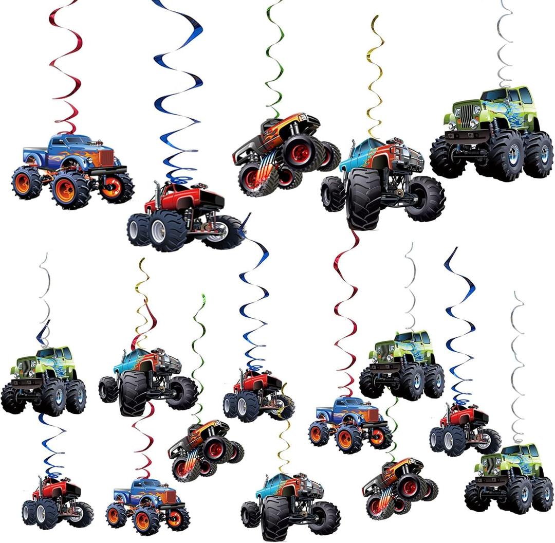 Monster Truck Hanging Swirls Set 25Set Monster Truck Birthday Party Hanging Decoration Monster Truck Party Supplies For Boys Birthday