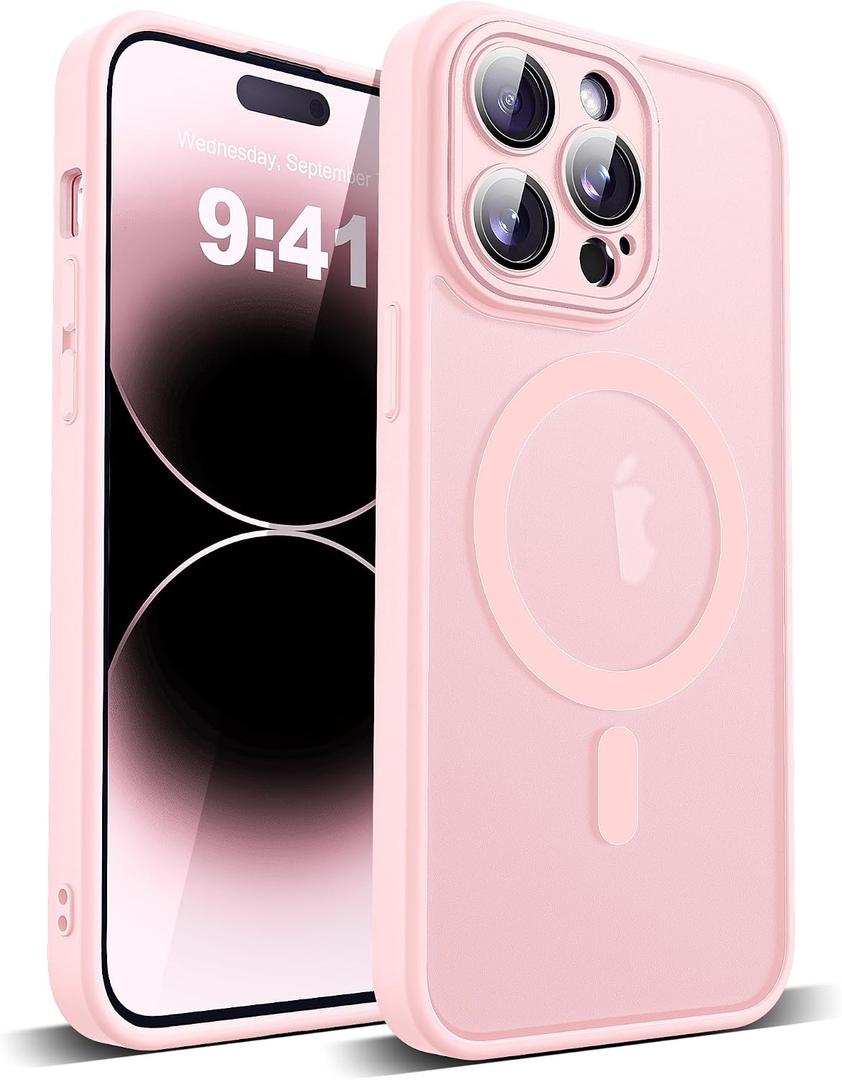 Compatible with iPhone 14 Pro Max Case with Built-in Camera Lens Protectors Shockproof Translucent Magnetic 14 Pro Max Phone Case 6.7" [Compatible with Mag-Safe][Great Grip Feeling], Pink