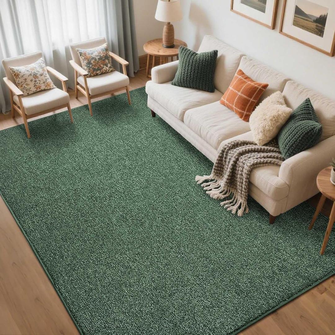 FinRec 5x7 Washable Area Rugs for Bedroom Living Room, Low Pile Thin Rug Solid Color, Non-Slip Carpet Indoor for Home Decor (Green/White)