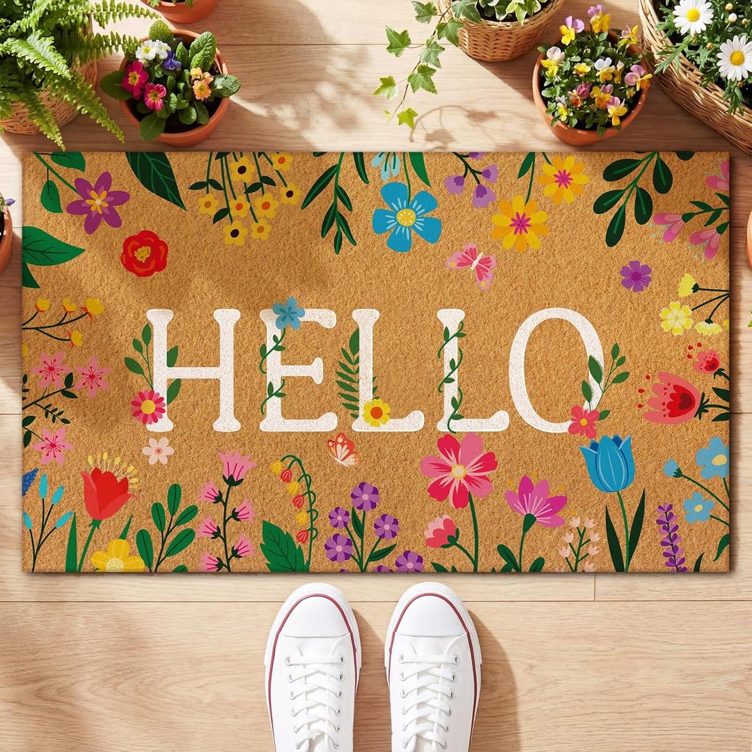 Jenaai Spring Coir Doormat Outdoor Summer Welcome Door Mat 17" x 29" Hello Floor Mat Non Slip Heavy Duty for Indoor Outdoor Entrance Door Porch Front Decor