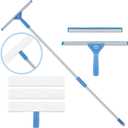 AMERWASH PLUS Window Squeegee Washing Kit for High Window, Shower Glass Door, Mirror Cleaning, with 69-inch Extension Pole, Extra 14'' Wide Squeegee and 2 Microfiber Scrubbers Included