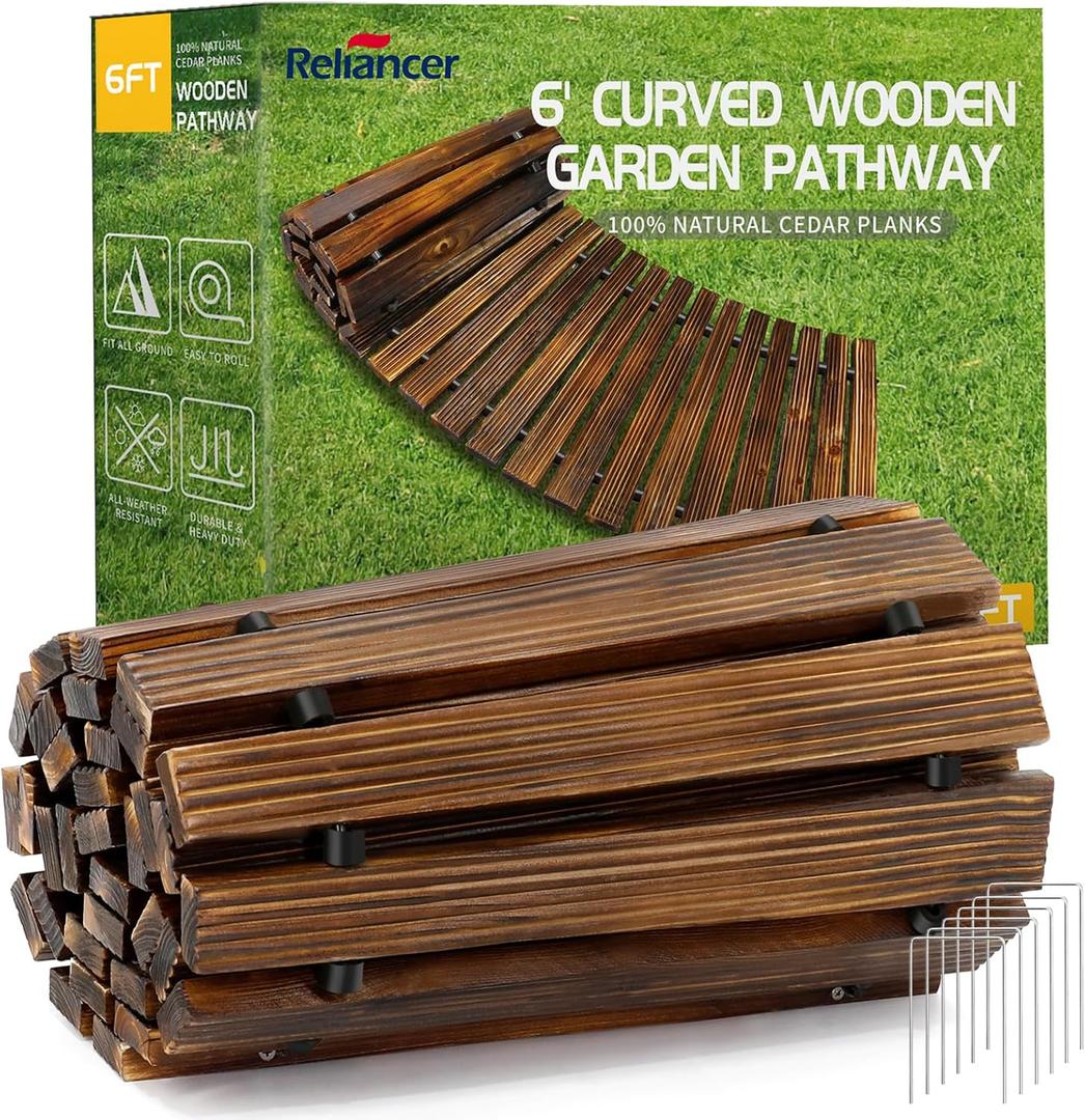 RELIANCER 6' Wooden Garden Pathway,Outdoor Roll Out Cedar Curved Walkway,Patio Path Decorative Garden Boardwalk Walkways,Weather-Resistant Roll Up Beach Wood Road Floor,Wedding Party Pathways (Brown)