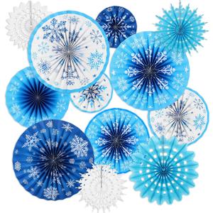 12 Pcs Winter Snowflakes Decorations Snowflake Hanging Paper Fans Blue and White Snowflakes Paper Hanging Decorations Winter Ceiling Wall Home Decor for Wonderland Party Decor(Round)