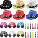 24 Pcs Happy New Year 2026 Party Supplies Includes 6 New Year Eve LED Sequin Hats 6 Light Up Flashing Glasses 6 Noisemakers 6 Colorful Horn Blowouts for Party Decorations