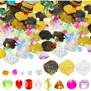 Hanaive 319 Pcs Pirate Treasure Gold Fake Coins Halloween Plastic Gems and Jewels Playset Party Decor Treasure for Pirates Themed Adventures Summer Pool Party Coins(Irregular)