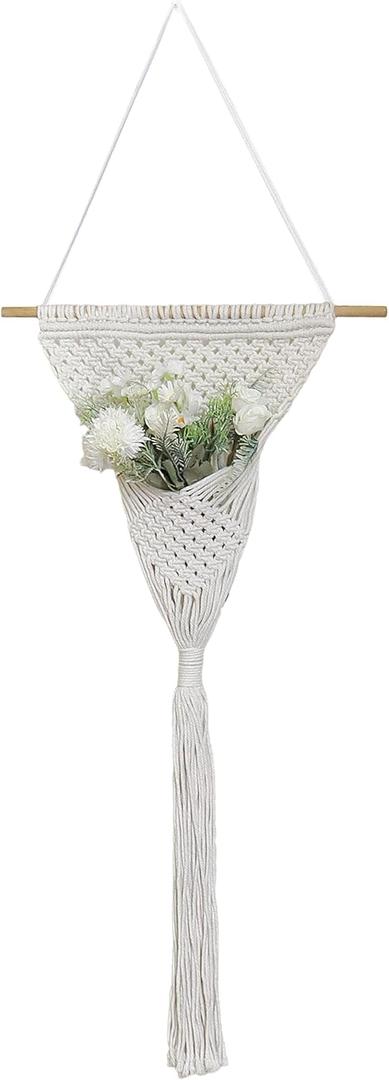 GYASVWU Cotton Rope Boho Wall Decor, Macrame Wall Hanging Decor, White Wall Art with Woven Pocket, Woven Wall Decor for Dried Flower Storage/Pampas Grass Decor/Living Room Decor/Bedroom Decor (White)