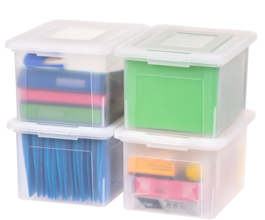 IRIS USA File Box, Plastic File Organizer with Lids for Letter/Legal File, Portable Document Box For Moving, Storage Bin with Durable and Secure Lid, Stackable Nestable BPA-Free, Clear 35 Qt. 4 Pack