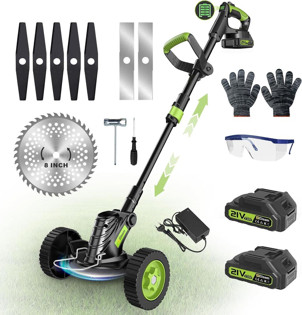 Weed Wacker Cordless, Gisam Brushless String Trimmer with 2 X 2.0Ah Battery, 8" Electric Grass Cutter, 3 in 1 Weed Eater with 3 Types Blade & Wheels for Garden/Lawns
