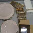 NOCCUR 175PCS Pink Plates with Gold Disposable Silverware - Include 50 Pink Plastic Plates,25 Knives,25 Forks,25 Spoons,25 Cups and 25 Napkins - Ideal for Party/Wedding/Easter Day