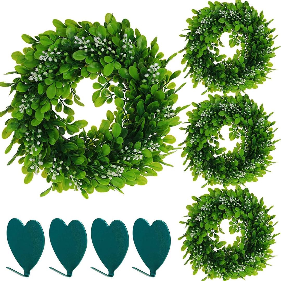 4 Packs Artificial Boxwood Wreaths 12 Inches Faux Greenery Leaves Wreath for Front Doors, Windows, Hanging Wall, Wedding Party, and Home Decorations UltraOutlet Artificial Christmas Garlands