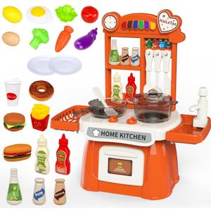 Kitchen Set for Toddler with Sound and LightPretend Cooking Food Set,Kids Kitchen PlaysetPlay Sink with Running Water and Electronic Induction StoveKitchen Accessories (red Kitchen and More Food)