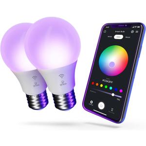 GLOBE Electric 34207 Wi-Fi Smart 10 Watt (60W Equivalent) Multicolor Changing RGB Tunable White Frosted LED Light Bulb 2-Pack, No Hub Required, Voice Activated, 2000K - 5000K, A19 Shape, E26 Base