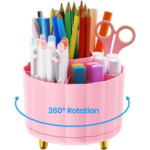 360 Rotating Desk Organizer for Women, 6 Compartment Pen Holder, Cute Pencil Cup & Marker Organizer, Office Desk Accessories, Aesthetic Desk Decor, Workspace Organizers (Pink)