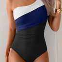 Aidonger One Shoulder One Piece Swimsuit for Women Tummy Control Bathing Suits Color Block Ruched Swim Suit Slimming Swimwear (L)