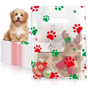 Cholemy 100 Pcs Dog Paw Plastic Bags Dog Gift Bags Shopping Merchandise Sturdy Totes with Handles for Holiday Birthday Party Business, 9 x 12 in (Red and Green)