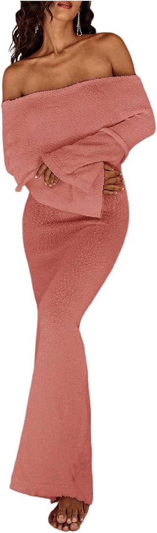 SOLY HUX Women's Off The Shoulder Long Sleeve Sweater Dress Party Formal Bodycon Maxi Dresses, Size S (Plain Pink)