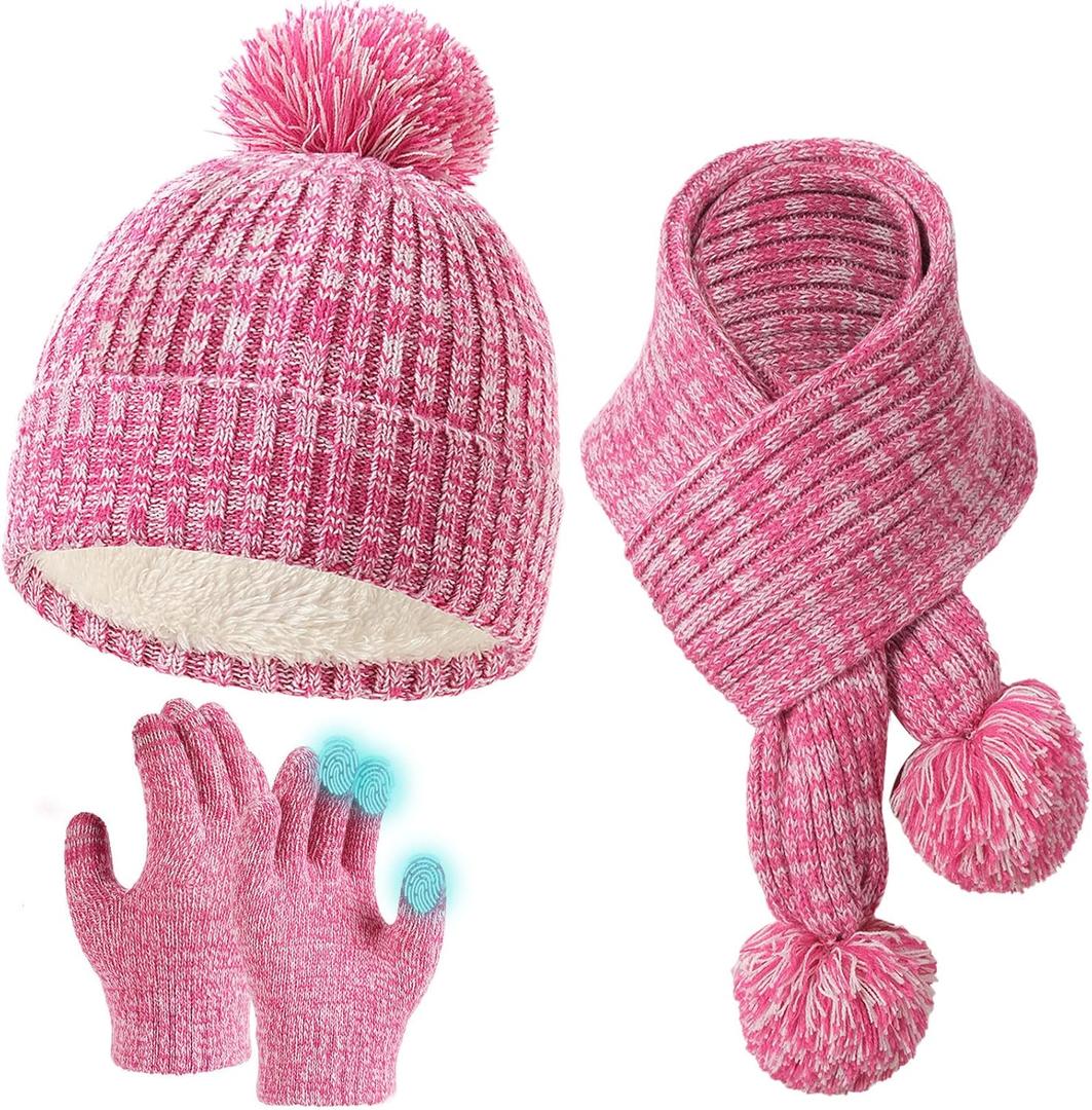 Kids Dinosaur Hat Scarf Gloves Set, Winter Warm Fleece Pompom Beanie Knit Scarf Christmas Gifts for Girls Boys 4-10 yr (Pink)