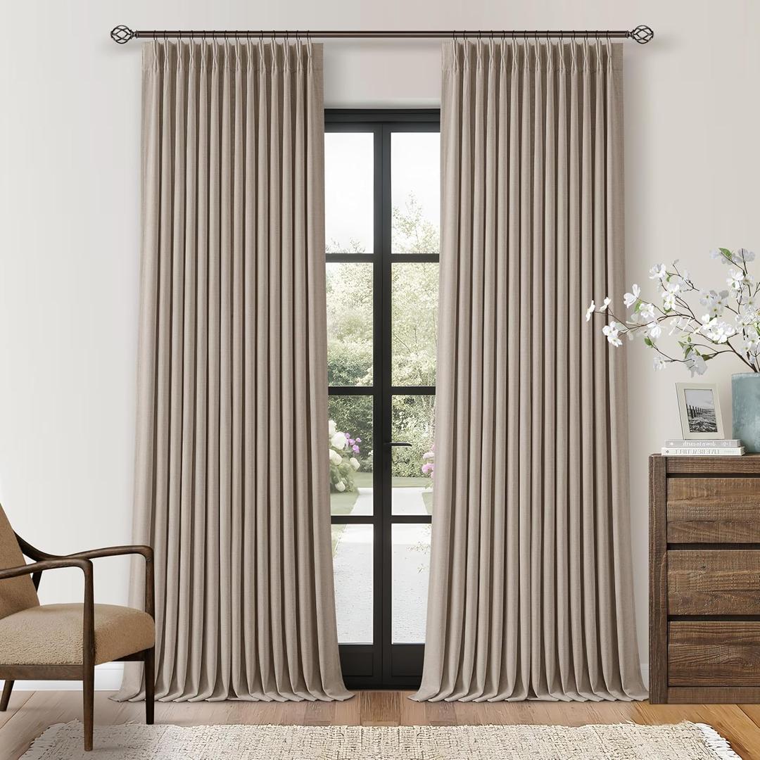 Dark Flax Linen Pinch Pleated Curtains 105 Inches Long for Bedroom Taupe Beige 100% Black Out Floor to Ceiling Sound Dampening Double Layer Living Room Darkeing 2 Panels Burlywood Birch Windows Drape