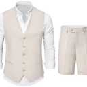 YND 2-Piece Men’s Linen Waistcoat Shorts, Lightweight Vest Pants, Casual Wedding Beach Summer Prom Homecoming Outfit Large