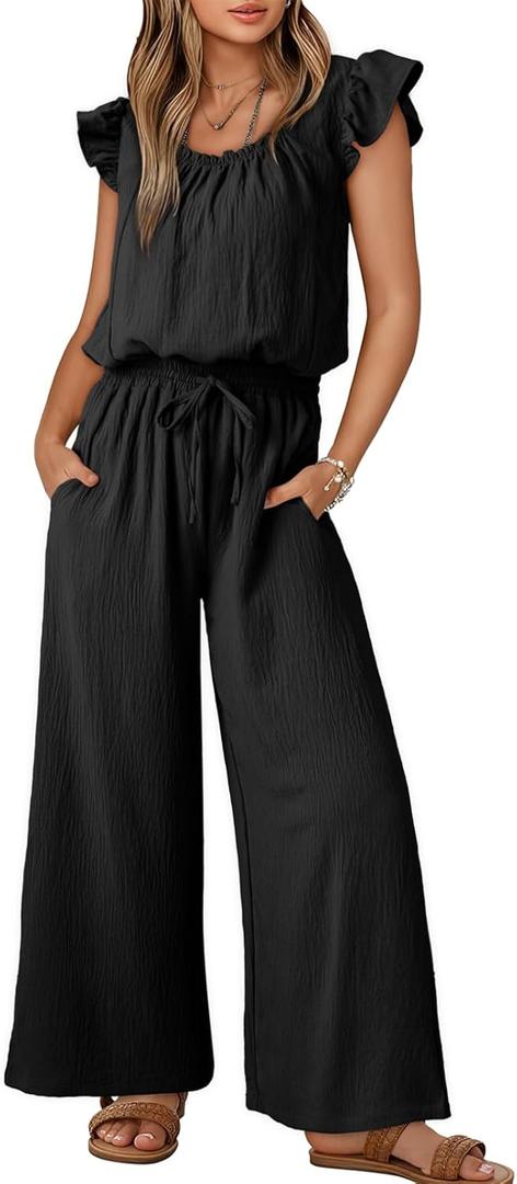 Dokotoo Jumpsuits for Women 2025 Summer Ruffle Sleeves Square Neck Rompers Drawstring Overalls with Pockets (X-Large, Black)