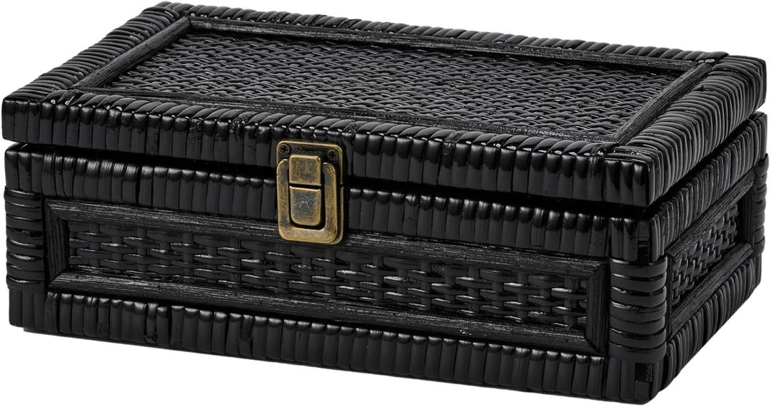 Rattan Box with Lid Decorative Natural Handmade Boho Rattan Baskets Woven Wicker Cane Bins Keepsake Memory Jewelry Boxes Rectangular Desk Shelf Closet Organizer Container (Black, Small)