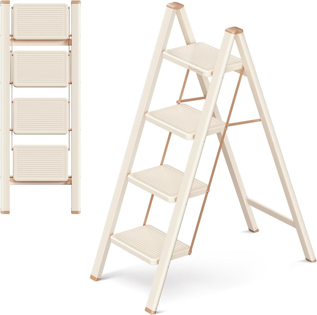 4 Step Ladder Folding Step Stool with Wide Anti-Slip Pedal, 330LBS Capacity, Lightweight Portable Stepladder for Home and Kitchen Use, Cream Chocolate