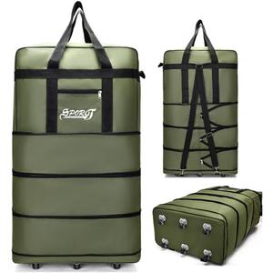 Expandable Extra Large Travel Oxford Duffel Bag with Wheels Waterproof Lightweight Traveling Foldable Suitcase (Green, L - 6 wheels)