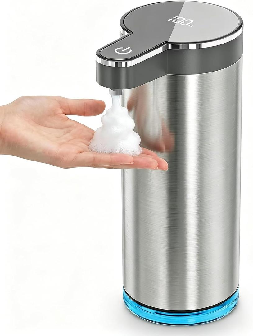 Automatic Foaming Soap Dispenser,Touchless Foam Soap Dispenser,12oz Rechargeabled Wall Mounted Smart for Bathroom and Kitchen Dish Soap,Easy for Toddlers, Brushed Silver