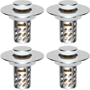 iFealClear 4 Pack All Metal Bathroom Sink Stopper, Pop Up Sink Drain Strainer with Removable Stainless Steel Filter Basket, Universal for 1.1"-2.36" Sink, Brass Bounce Core, Hair Catcher, Chrome