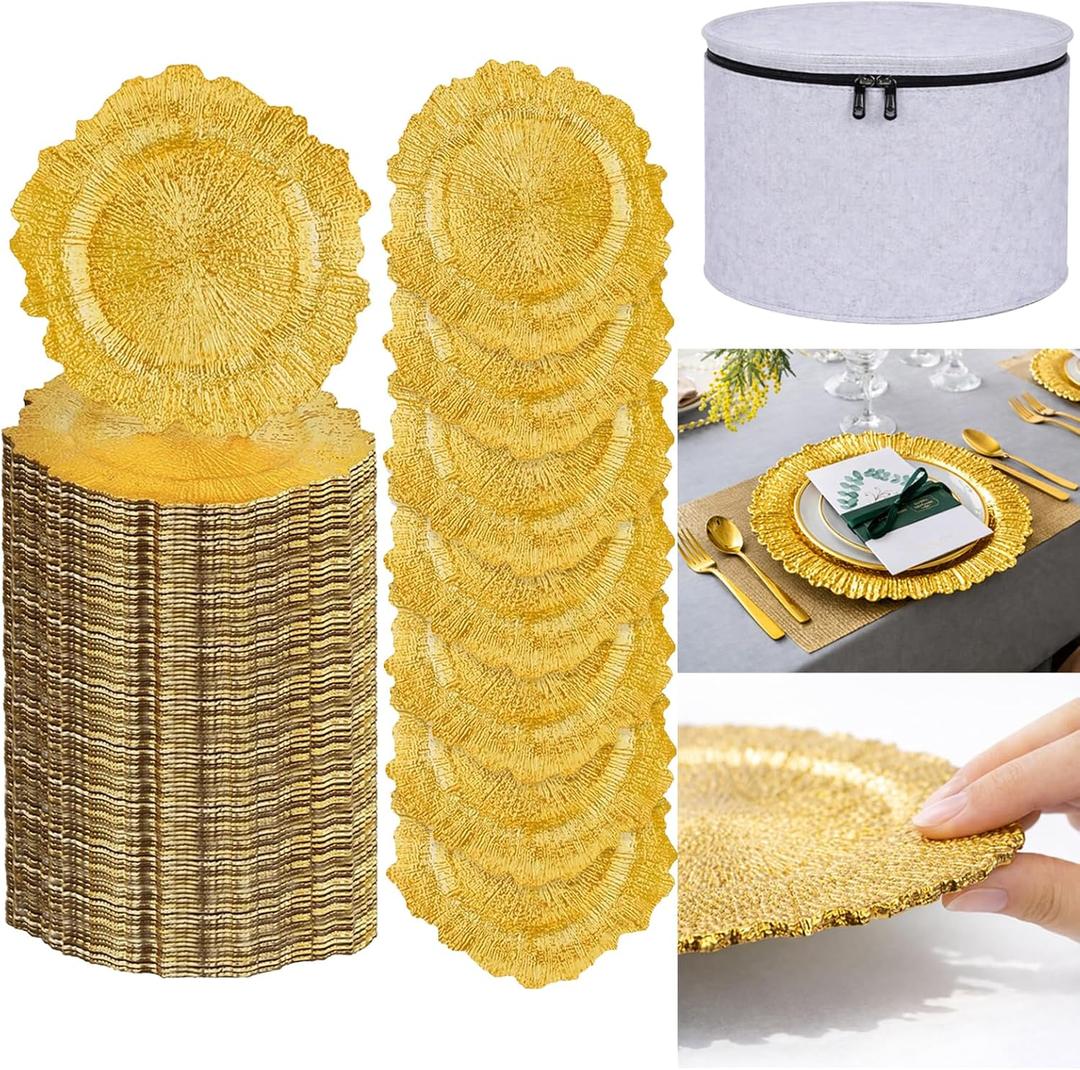 50PCS Bright Gold Reef Charger Plates Bulk Set with Storage Solution, 13 Inch Round Reusable Plastic Dinner Chargers, Decorative Table Chargers for Wedding, Event, Banquet, Party Table Setting