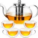 50OZ/1500ML Glass Teapot Set with 4 Double Wall Teacups & Removable Infuser, Stovetop & Microwave Safe Clear Tea Maker Water Kettle with 7OZ/200ML Tea Cups for Loose Leaf Blooming Tea