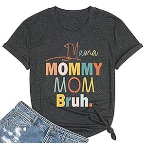 Women Mama Mommy Mom Bruh T-Shirt Mom Life Short Sleeve Funny Letter Print Colorful Mama Graphic Casual Tees (M, Dark Gray)