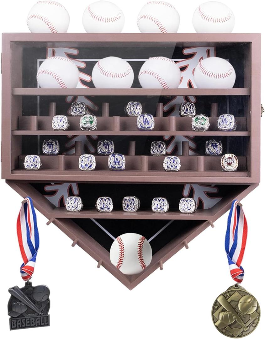 Baseball Ring Display Case, 17.9*16.9*4" , Accommodate 35 Rings, 9 Balls and 8 Medals, Championship Rings Medals Holder, Wall Mount Baseball Case Display, Equipped with a Dust-Proof Door