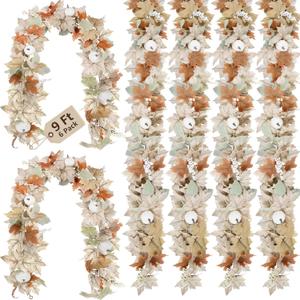 Neutral Fall Garland for Mantle Fireplace - 6 Pack Toatal 54Ft Outdoor Autumn Leaves Decor for Home Front Door with Pumpkins Indoor Maple for Farmhouse Stairs Porch Halloween Thanksgiving Decorations (9ft)