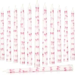 Conelist 12 Pcs Pink Bow Candles 10 Inch Tall Pillar Coquette Pink Bow Taper Candles for Wedding Birthday Anniversary Valentine's Day Girlfriends Dinner Galentines Party