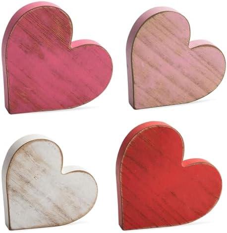 COCHIE Wooden Hearts Valentines Decorations Indoor, Wood Heart Blocks Tiered Tray Decor Set of 3, Red Pink White Valentine Decoration for Home Party Office Shelf Door (Retro)
