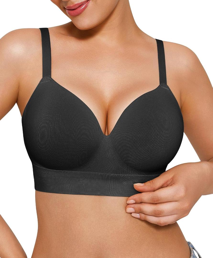 Popilush Bras for Women No Underwire Supportive Push Up Bralettes Wireless Full Coverage Plus Size T-Shirt Bra (Large, Black)