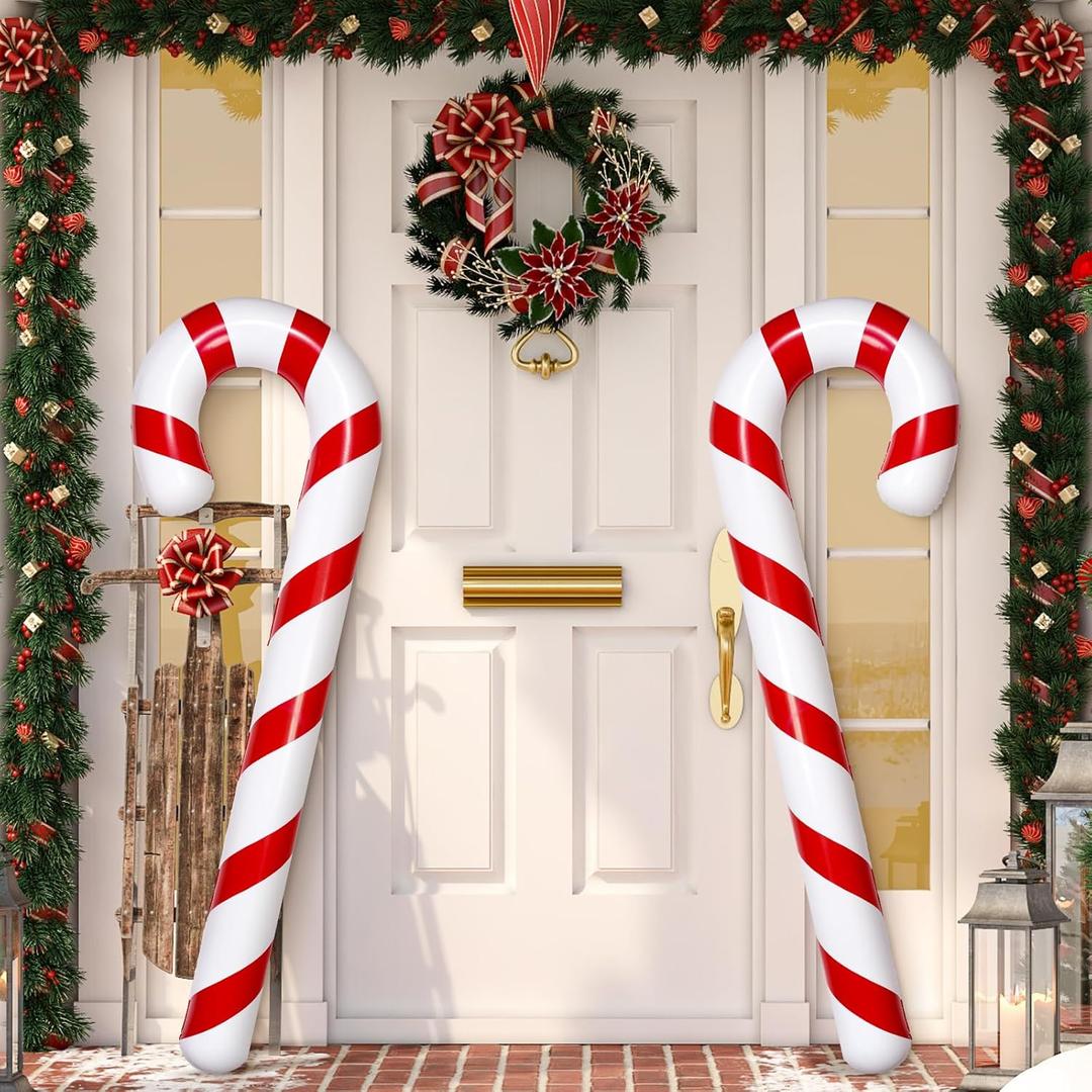 Whaline 65 Inch Christmas Inflatable Candy Cane Blow Up Balloon Decoration Red Striped Candy Cane Pool Noodles for Xmas Holiday Party Swimming Pool Beach, Set of 2