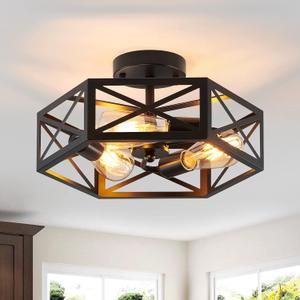 Black Flush Mount Ceiling Light, Modern Farmhouse Light Fixtures with Metal Hexagon CageIndustrial Close to Ceiling Lamp for Kitchen Hallway Bathroom Closet,3 Light