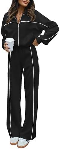 BTFBM Women's Two Piece Tracksuit Fall 2025 Long Sleeve Zip Up Sweatshirt Long Pants Outfits Jogger Sweatsuit Sets, Black, L
