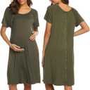 Ekouaer Womens Nursing/Delivery/Labor/Hospital Nightdress Short Sleeve Maternity Nightgown with Button XL (Army Green)