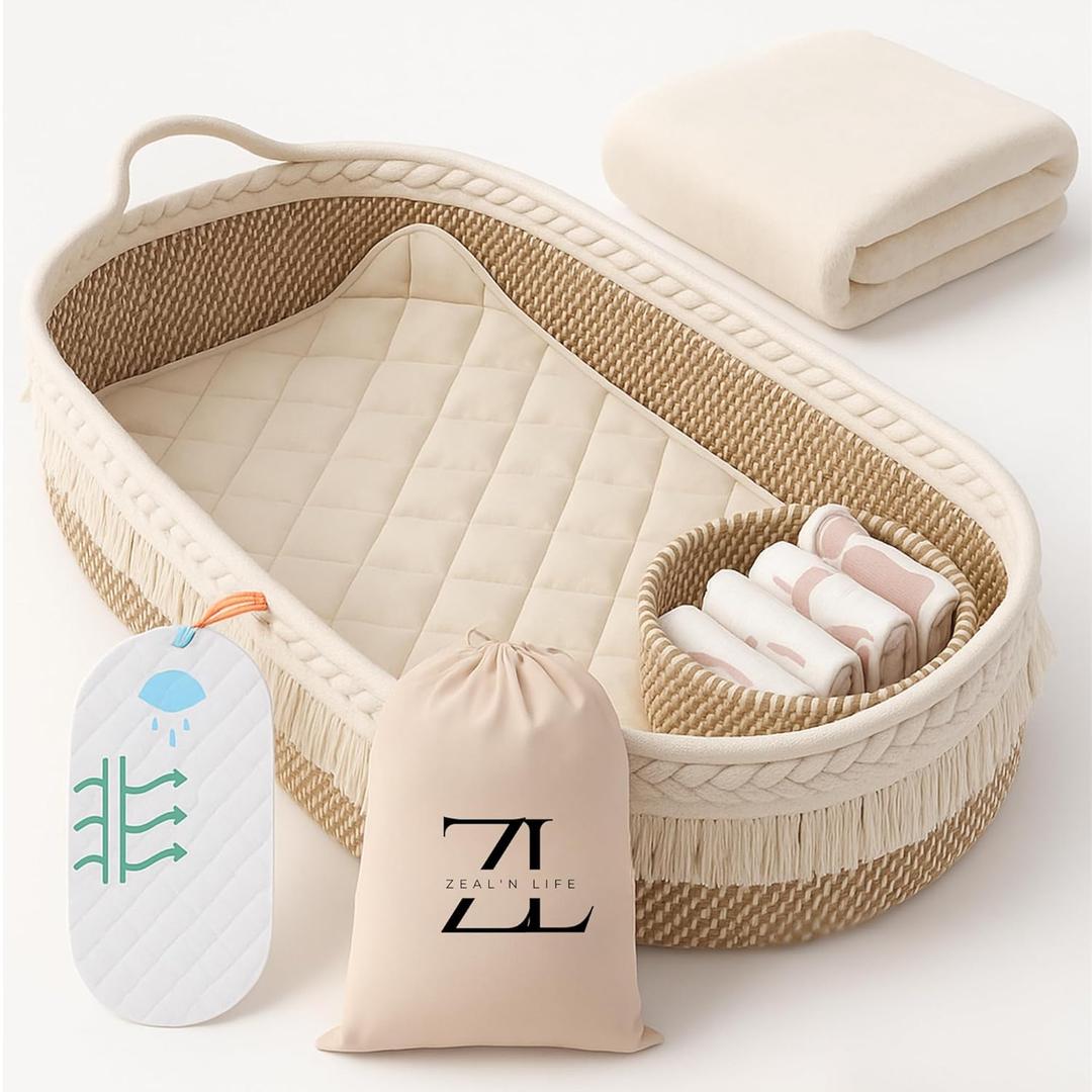 Moses Basket by ZEAL'N LIFE, Baby Changing Basket with Baby Blanket, Washable Waterproof Pad Covers, Diaper Basket, Tote Bag, Portable Diaper Changing Pad, Moses Baskets for Newborn (Beige)
