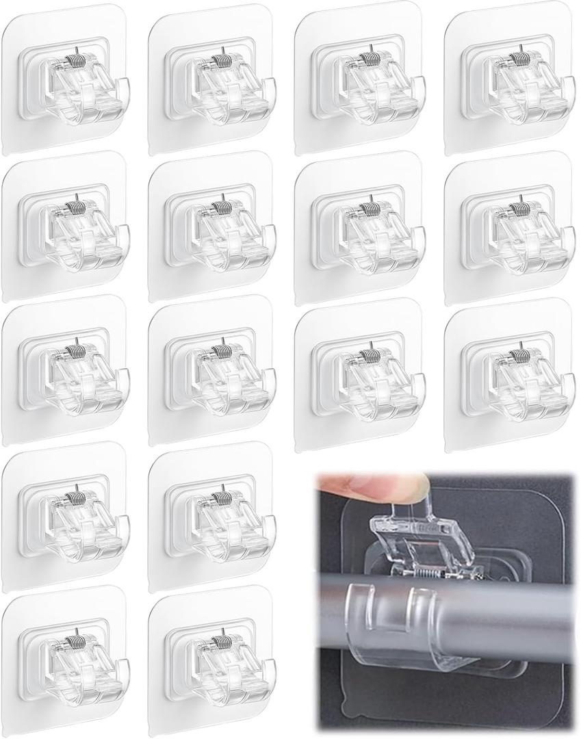 Curtain Rod Bracket No Drilling 16pcs, Self Adhesive Nail Free Curtain Rod Wall Brackets Hooks, Adjustable Drapery Towel Holder Fixing Hook for Home Bathroom Kitchen and Hotel Use (Transparent)